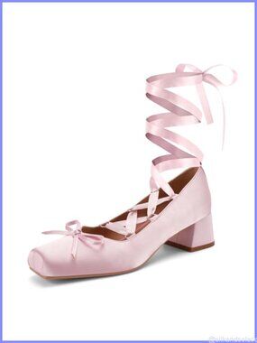 Satin Lace Up Ballet Heels Bow Chunky Heel Mary Jane Pumps